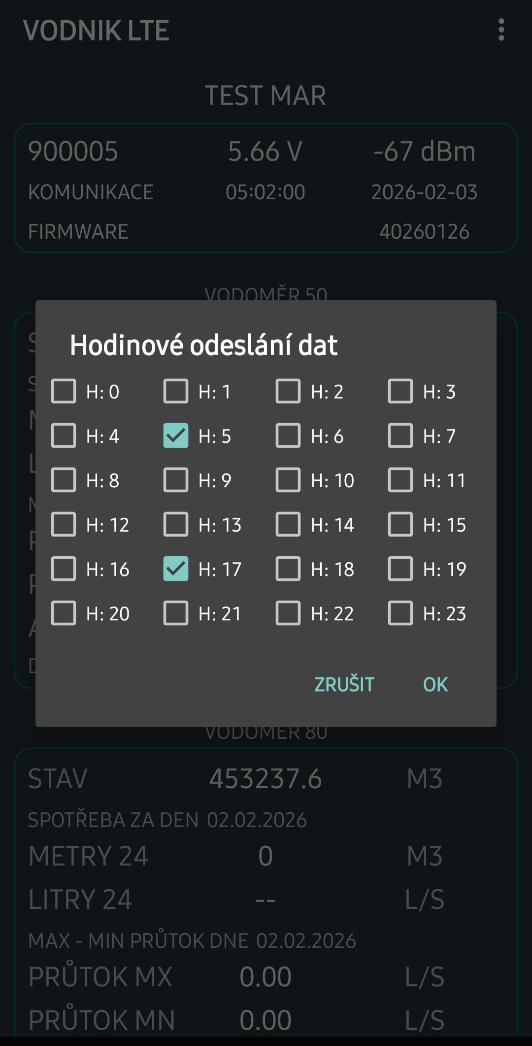 Aplikace VODNIK LTE: nastavení hodinového odesílání dat